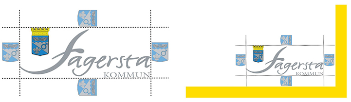 Två bilder som beskriver hur logotypen får placeras i förhållande till den gula linjen samt omkringliggande objekt. 