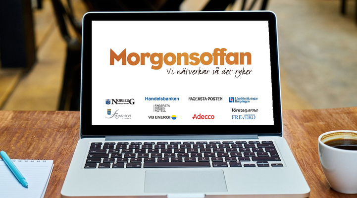 Laptop med text Morgonsoffan och namn på samarbetspartners i Morgonsoffan.