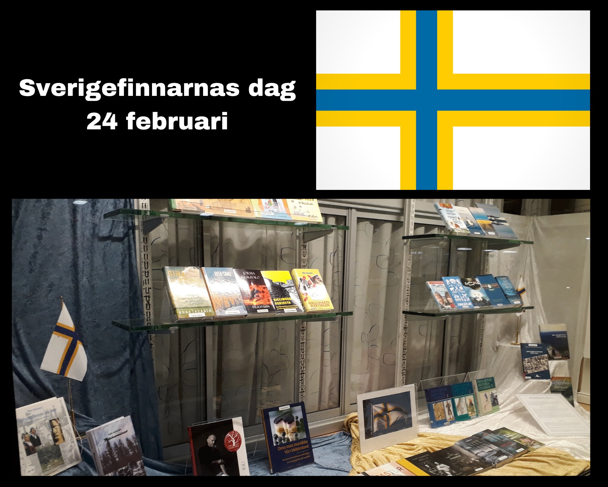 Utställning i skyltfönster. Böcker, sverigefinska flaggor mm