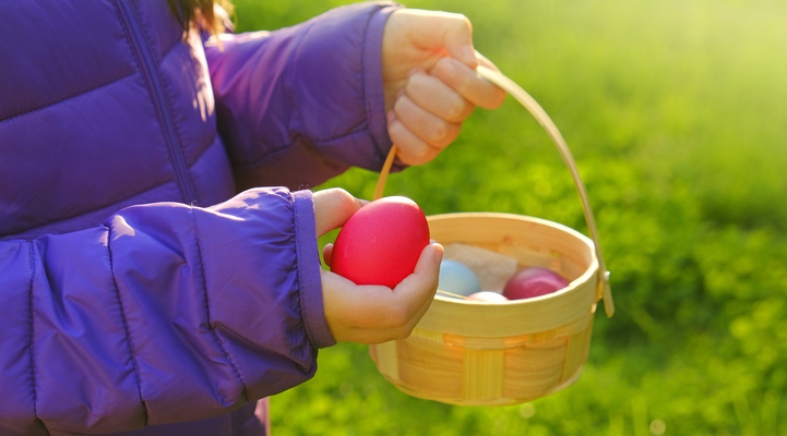 Barn i lila jacka håller ett rosafärgat ägg i handen som hen plockat och är på väg att lägga i sin korg med redan plockade ägg i olika färger.