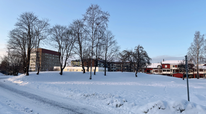 Snöiga vägar och träd, Malmen i bakgrunden.