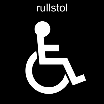 Svart fyrkant som innehåller en vit symbol som föreställer en person i rullstol. Ovanför symbolen står texten ”rullstol”.