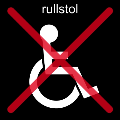 Svart fyrkant som innehåller en vit symbol som föreställer en person i rullstol. Ovanför symbolen står texten ”rullstol”. Hela fyrkanten är sedan överstruken med ett rött kryss.