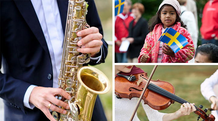 Bildkollage med tre bilder. En man som spelar saxofon. En rosaklädd flicka håller i en svensk flagga. En ung kvinna spelar fiol.