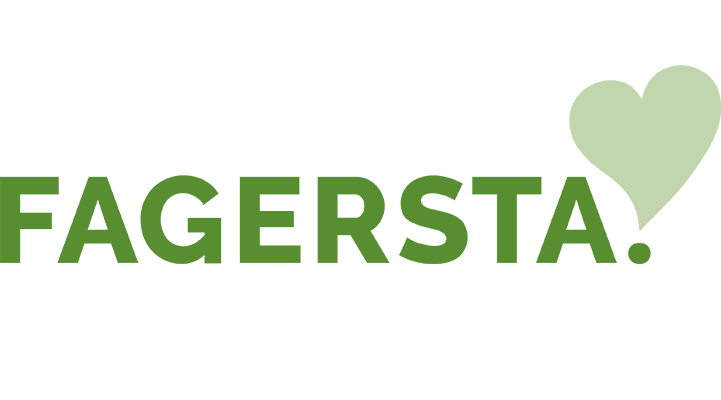 Fagerstas platsvarumärke. Texten Fagersta i grönt med stora bokstäver. I slutet av ordet finns ett hjärta som med sin punkt under symboliserar ett utropstecken. 