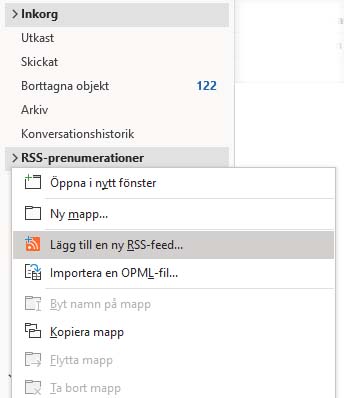 Urklipp från Outlook som visar var man lägger till en ny RSS-feed.