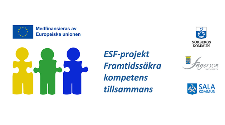 Text, flera logotyper och tre gubbar i form av pusselbitar i gul, grönt och blått som står bredvid varandra.