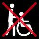 Svart fyrkant som innehåller en vit symbol. Symbolen föreställer en person som kör en annan person i rullstol. Hela fyrkanten är överkryssad med ett rött kryss. Bilden visar att det inte finns assistans för person i rullstol.