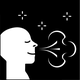 Svart fyrkant som innehåller en vit symbol. Symbolen föreställer en person i profil som andas in och ut. Bilden visar att byggnaden är tillgänglig för astmatiker och allergiker.