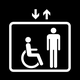 Svart fyrkant som innehåller en vit symbol. Symbolen föreställer en person i rullstol till vänster och en person som står till höger. En rektangulär ram i vitt ringar in personerna. Ovanför ramen finns två pilar. En pil pekar upp och en pekar ner. Bilden visar att byggnaden har hiss som är tillgänglig för person i rullstol.
